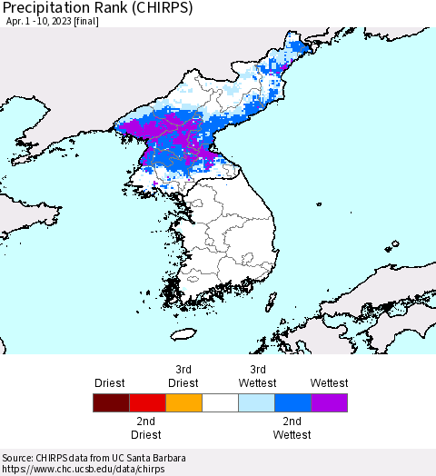Korea Precipitation Rank since 1981 (CHIRPS) Thematic Map For 4/1/2023 - 4/10/2023