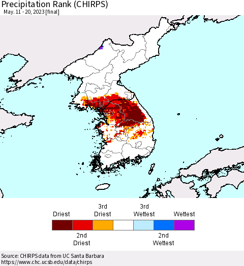Korea Precipitation Rank since 1981 (CHIRPS) Thematic Map For 5/11/2023 - 5/20/2023
