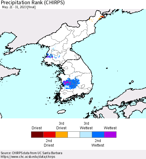 Korea Precipitation Rank since 1981 (CHIRPS) Thematic Map For 5/21/2023 - 5/31/2023