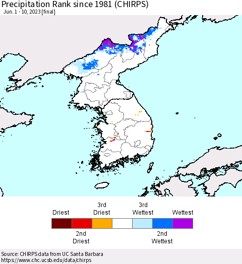 Korea Precipitation Rank since 1981 (CHIRPS) Thematic Map For 6/1/2023 - 6/10/2023