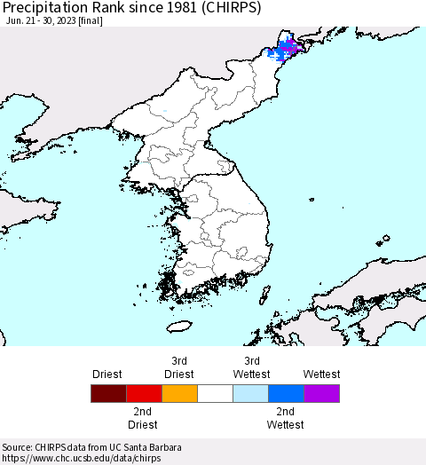 Korea Precipitation Rank since 1981 (CHIRPS) Thematic Map For 6/21/2023 - 6/30/2023