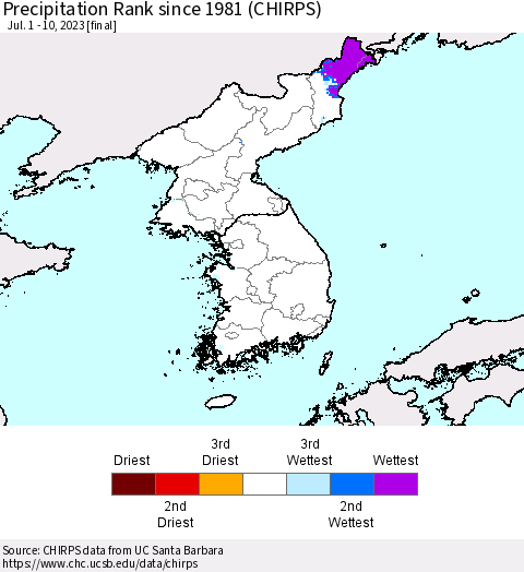 Korea Precipitation Rank since 1981 (CHIRPS) Thematic Map For 7/1/2023 - 7/10/2023