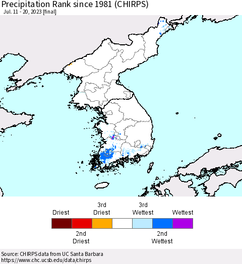 Korea Precipitation Rank since 1981 (CHIRPS) Thematic Map For 7/11/2023 - 7/20/2023
