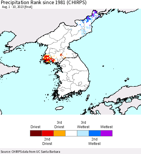 Korea Precipitation Rank since 1981 (CHIRPS) Thematic Map For 8/1/2023 - 8/10/2023