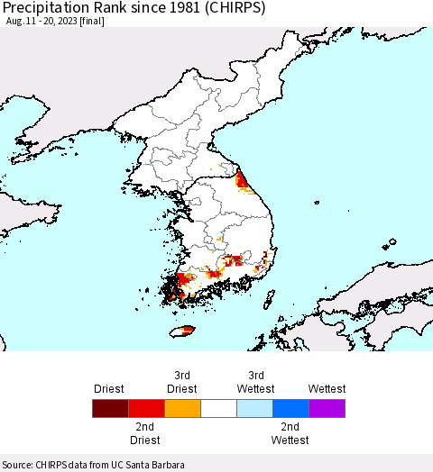 Korea Precipitation Rank since 1981 (CHIRPS) Thematic Map For 8/11/2023 - 8/20/2023