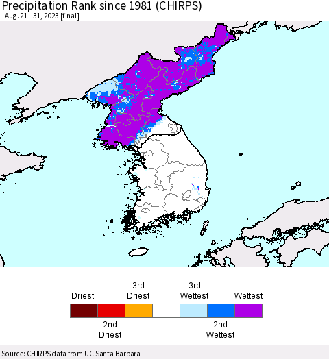 Korea Precipitation Rank since 1981 (CHIRPS) Thematic Map For 8/21/2023 - 8/31/2023