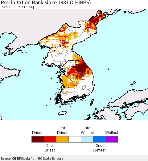 Korea Precipitation Rank since 1981 (CHIRPS) Thematic Map For 9/1/2023 - 9/10/2023
