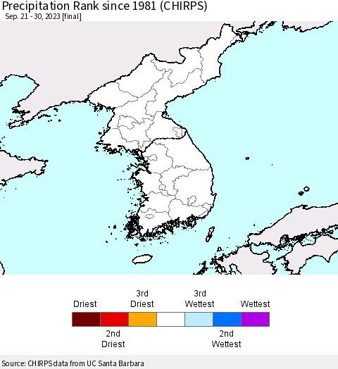 Korea Precipitation Rank since 1981 (CHIRPS) Thematic Map For 9/21/2023 - 9/30/2023