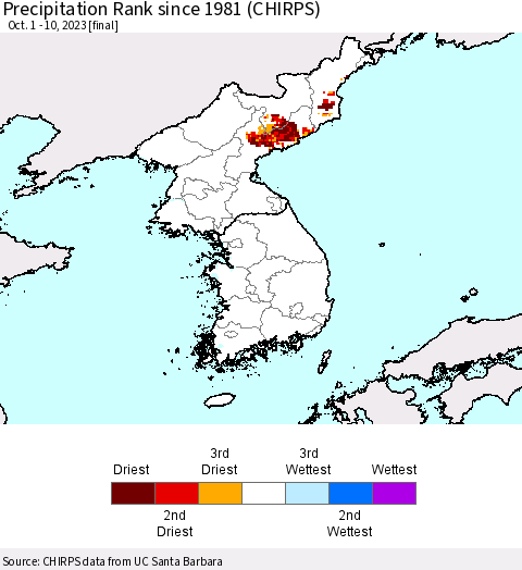 Korea Precipitation Rank since 1981 (CHIRPS) Thematic Map For 10/1/2023 - 10/10/2023