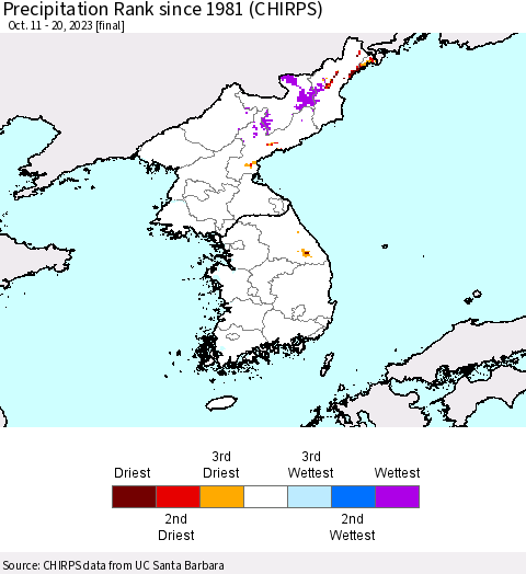 Korea Precipitation Rank since 1981 (CHIRPS) Thematic Map For 10/11/2023 - 10/20/2023