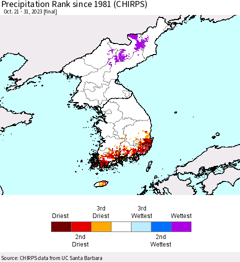 Korea Precipitation Rank since 1981 (CHIRPS) Thematic Map For 10/21/2023 - 10/31/2023