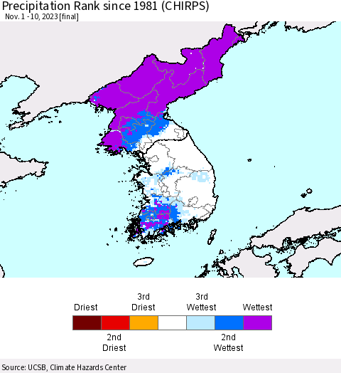 Korea Precipitation Rank since 1981 (CHIRPS) Thematic Map For 11/1/2023 - 11/10/2023