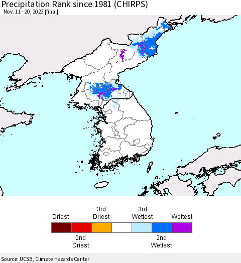 Korea Precipitation Rank since 1981 (CHIRPS) Thematic Map For 11/11/2023 - 11/20/2023