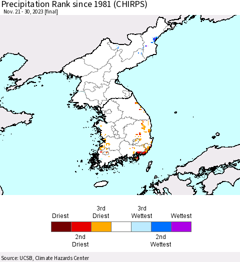 Korea Precipitation Rank since 1981 (CHIRPS) Thematic Map For 11/21/2023 - 11/30/2023