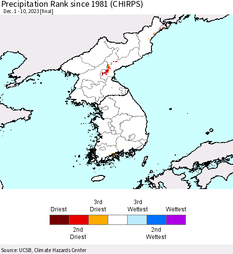 Korea Precipitation Rank since 1981 (CHIRPS) Thematic Map For 12/1/2023 - 12/10/2023