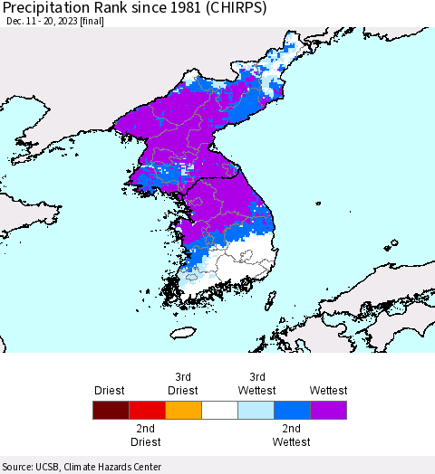 Korea Precipitation Rank since 1981 (CHIRPS) Thematic Map For 12/11/2023 - 12/20/2023