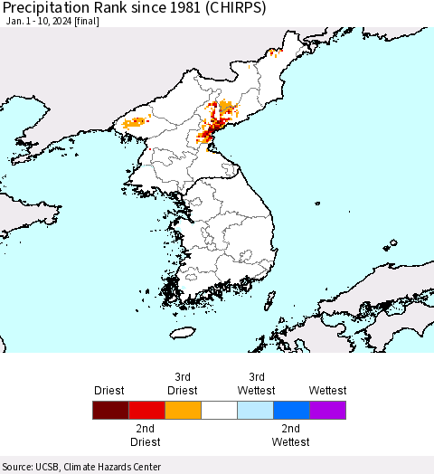 Korea Precipitation Rank since 1981 (CHIRPS) Thematic Map For 1/1/2024 - 1/10/2024