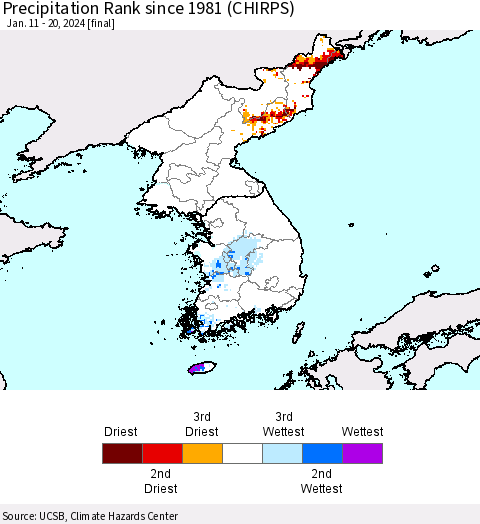 Korea Precipitation Rank since 1981 (CHIRPS) Thematic Map For 1/11/2024 - 1/20/2024