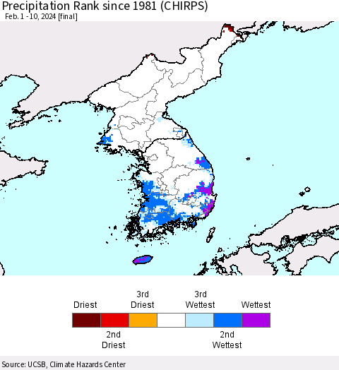 Korea Precipitation Rank since 1981 (CHIRPS) Thematic Map For 2/1/2024 - 2/10/2024