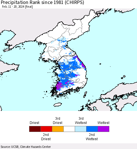 Korea Precipitation Rank since 1981 (CHIRPS) Thematic Map For 2/11/2024 - 2/20/2024