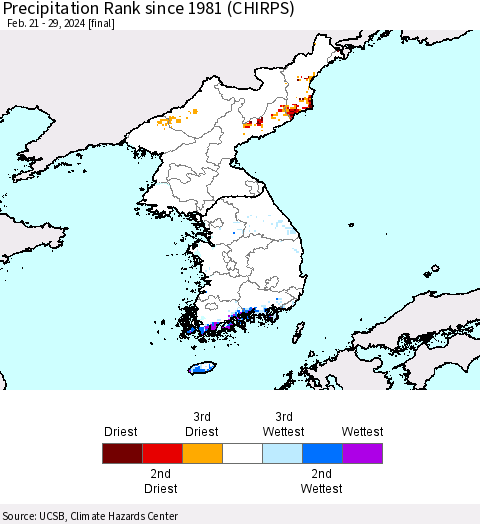 Korea Precipitation Rank since 1981 (CHIRPS) Thematic Map For 2/21/2024 - 2/29/2024