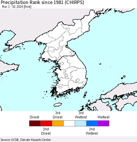 Korea Precipitation Rank since 1981 (CHIRPS) Thematic Map For 3/1/2024 - 3/10/2024