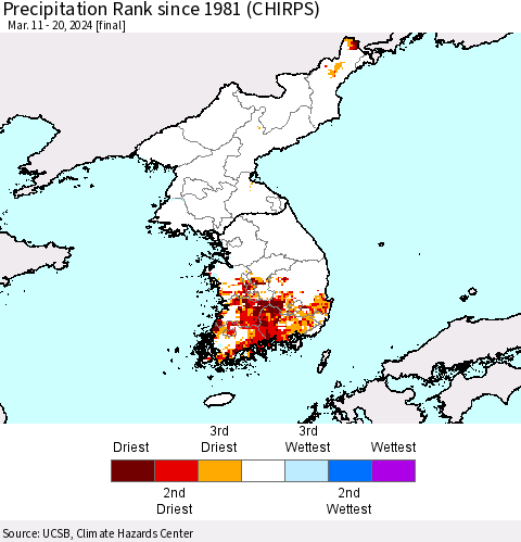 Korea Precipitation Rank since 1981 (CHIRPS) Thematic Map For 3/11/2024 - 3/20/2024