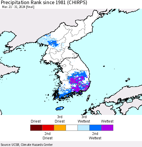 Korea Precipitation Rank since 1981 (CHIRPS) Thematic Map For 3/21/2024 - 3/31/2024