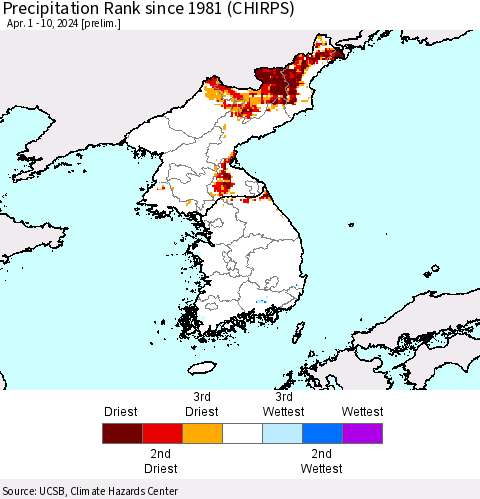 Korea Precipitation Rank since 1981 (CHIRPS) Thematic Map For 4/1/2024 - 4/10/2024