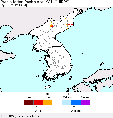 Korea Precipitation Rank since 1981 (CHIRPS) Thematic Map For 4/11/2024 - 4/20/2024