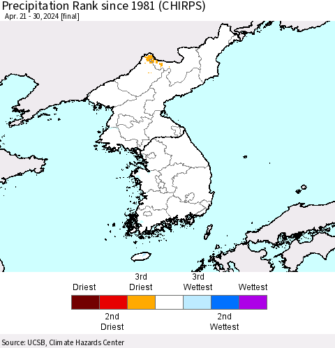 Korea Precipitation Rank since 1981 (CHIRPS) Thematic Map For 4/21/2024 - 4/30/2024