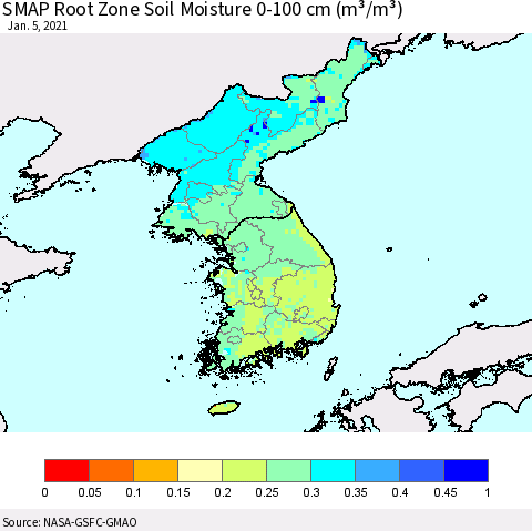 Korea SMAP Root Zone (0-100 cm) Soil Moisture (m³/m³) Thematic Map For 1/1/2021 - 1/5/2021