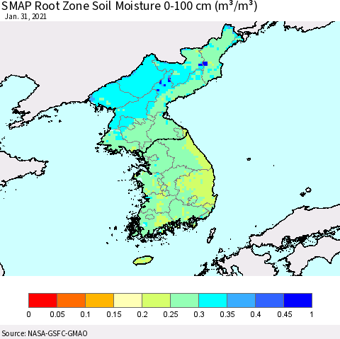 Korea SMAP Root Zone (0-100 cm) Soil Moisture (m³/m³) Thematic Map For 1/26/2021 - 1/31/2021
