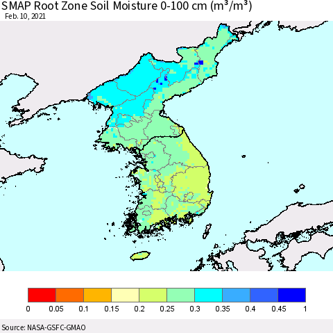 Korea SMAP Root Zone (0-100 cm) Soil Moisture (m³/m³) Thematic Map For 2/6/2021 - 2/10/2021