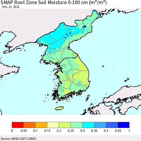 Korea SMAP Root Zone (0-100 cm) Soil Moisture (m³/m³) Thematic Map For 2/11/2021 - 2/15/2021