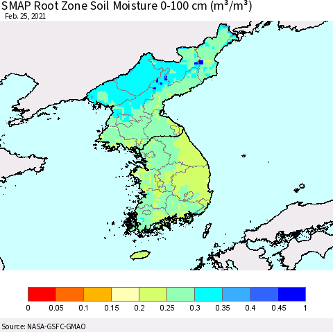 Korea SMAP Root Zone (0-100 cm) Soil Moisture (m³/m³) Thematic Map For 2/21/2021 - 2/25/2021