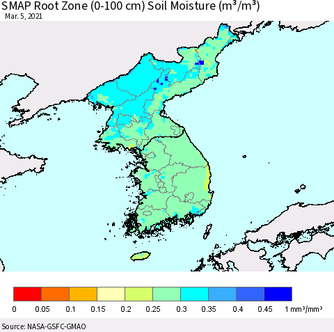 Korea SMAP Root Zone (0-100 cm) Soil Moisture (m³/m³) Thematic Map For 3/1/2021 - 3/5/2021