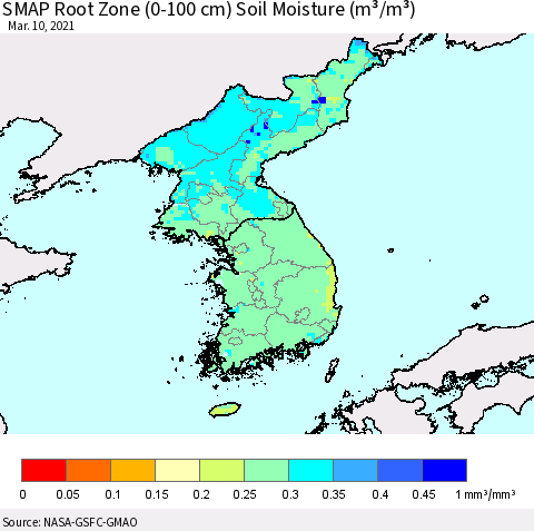Korea SMAP Root Zone (0-100 cm) Soil Moisture (m³/m³) Thematic Map For 3/6/2021 - 3/10/2021