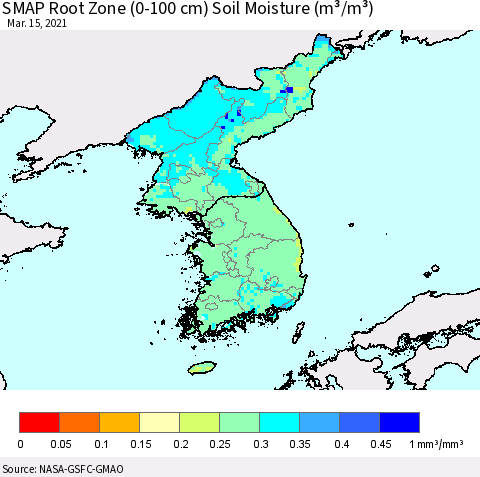 Korea SMAP Root Zone (0-100 cm) Soil Moisture (m³/m³) Thematic Map For 3/11/2021 - 3/15/2021