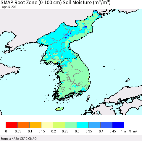 Korea SMAP Root Zone (0-100 cm) Soil Moisture (m³/m³) Thematic Map For 4/1/2021 - 4/5/2021