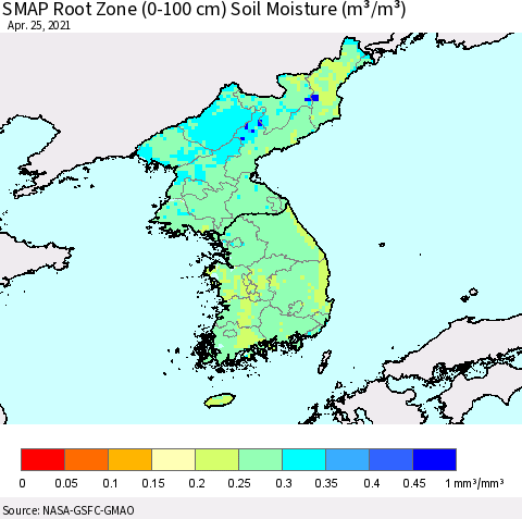 Korea SMAP Root Zone (0-100 cm) Soil Moisture (m³/m³) Thematic Map For 4/21/2021 - 4/25/2021
