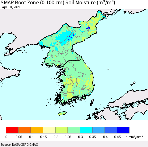 Korea SMAP Root Zone (0-100 cm) Soil Moisture (m³/m³) Thematic Map For 4/26/2021 - 4/30/2021