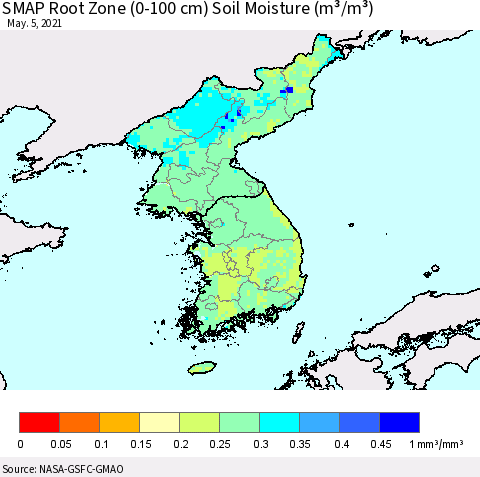 Korea SMAP Root Zone (0-100 cm) Soil Moisture (m³/m³) Thematic Map For 5/1/2021 - 5/5/2021