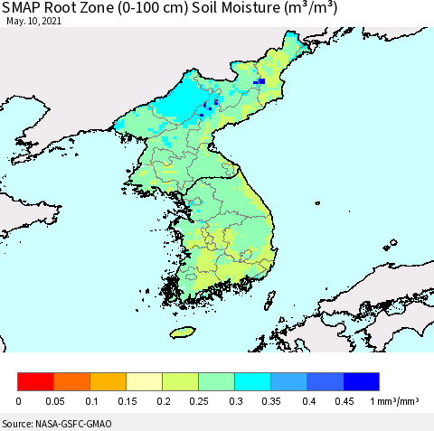 Korea SMAP Root Zone (0-100 cm) Soil Moisture (m³/m³) Thematic Map For 5/6/2021 - 5/10/2021