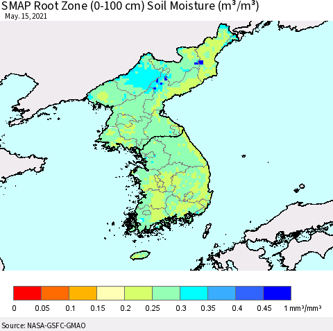 Korea SMAP Root Zone (0-100 cm) Soil Moisture (m³/m³) Thematic Map For 5/11/2021 - 5/15/2021