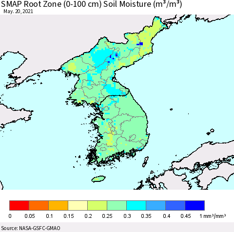 Korea SMAP Root Zone (0-100 cm) Soil Moisture (m³/m³) Thematic Map For 5/16/2021 - 5/20/2021