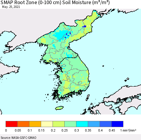 Korea SMAP Root Zone (0-100 cm) Soil Moisture (m³/m³) Thematic Map For 5/21/2021 - 5/25/2021