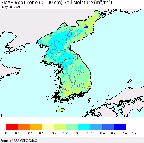 Korea SMAP Root Zone (0-100 cm) Soil Moisture (m³/m³) Thematic Map For 5/26/2021 - 5/31/2021