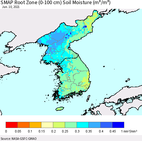 Korea SMAP Root Zone (0-100 cm) Soil Moisture (m³/m³) Thematic Map For 6/6/2021 - 6/10/2021