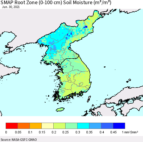Korea SMAP Root Zone (0-100 cm) Soil Moisture (m³/m³) Thematic Map For 6/26/2021 - 6/30/2021